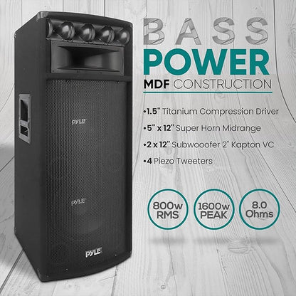 Pyle Portable Cabinet PA Speaker System - 1600 Watt Outdoor Stereo Sound Speakers w/ Dual 12" Woofers, 3.4" Piezo Tweeters, 5"x12" Super Horn Midrange, Crossover Network