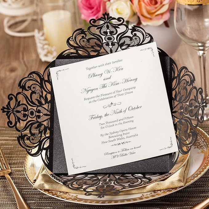 Hosmsua 50PCS Personalized Black Laser Cut Hollow Lace Rose Invitation Cards with Envelopes 6.3 x 6.3 Inch Wedding Invitations for Engagement Wedding Invite (Customized Printed)