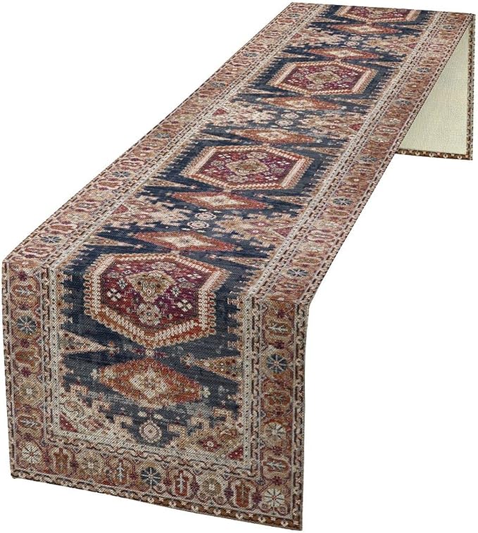 Vintage Boho Table Runner,Flower Geometric Design Rustic Farmhouse Table Runner for Home Farmhouse Kitchen Table Dining Coffee Room Garden Party Wedding Decor 13x72in