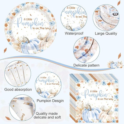 452 Pcs Little Pumpkin Baby Shower Decorations for 50, Blue A Little Pumpkin Is on the Way Paper Plates Napkins Cups Tablecloth Cutlery Straws for Autumn Fall Thanksgiving Party Supplies