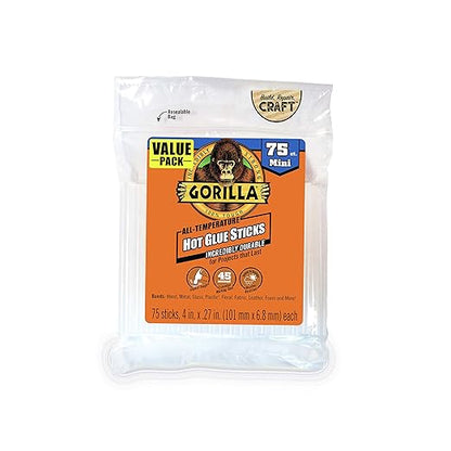 Gorilla Hot Glue Sticks, Clear Glue, Mini Size 4" Long x 0.27" Diameter, 75 Count (Pack of 6) - Safe for All Temperatures with Extended Working Time