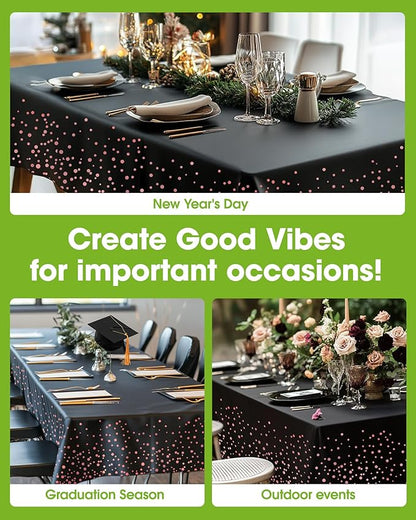 Pureegg Plastic Table Cloth Disposable 10 Pack, 54 x 108 Inch Table Cloths, Graduation Decorations of 2025, Graduation Tablecloths, Rectangle, Plastic Cover, Leakproof & Sturdy, Black and Rose Gold