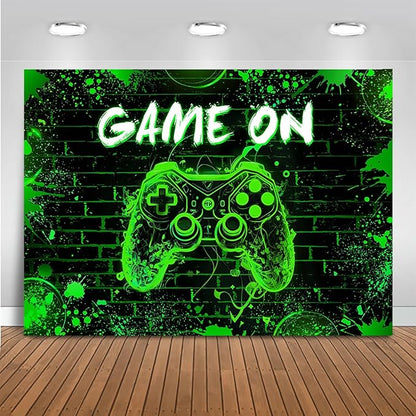 Mocsicka Game On Backdrop Video Game for Boys Level Up Birthday Party Decoration Game Night Arcade Neon Glow Gamer Banner Photography Background (Green, 10x8ft(120"x96"))