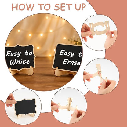 Mini Chalkboard Signs, 60 Pack Food Labels for Party Buffet or Wedding Celebrations with 120 Easel Stands and 12 Liquid Chalk Pens - Perfect Place Cards for Table Settings & Numbers