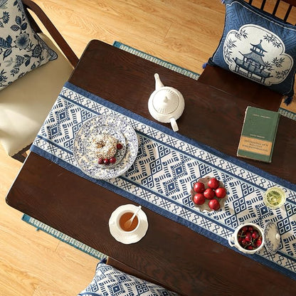 Chinoiserie Blue Stripe Table Runner for Table,Decorative Print Linen 71 Inches Long Table Runners,Decor Tabletop for Kitchen,Dining,Tea Party,Home,Christmas,12"*71"