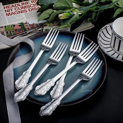 WDF 100 Piece Silver Forks Disposable - 7.48 Inch Silver Plastic Forks - Baroque Silverware for Dessert Cake - Heavy Duty Plastic Fork for Christmas Party, Wedding or Daily Using