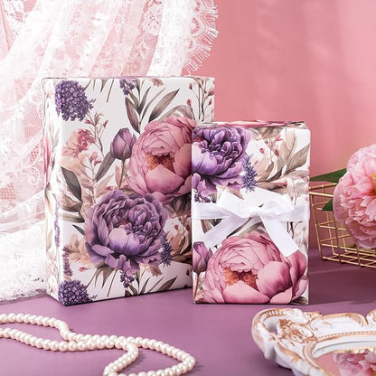 WRAPAHOLIC Kraft Floral Wrapping Paper - Mini Roll - 17 Inch x 16.5 Feet - Watercolor Lavender Flower Wrapping Paper for Wedding, Birthday, Bridal Shower, Tea Party, Drawer Liners, Home Closet Shelves