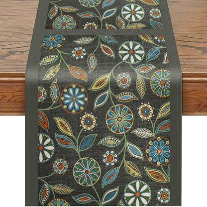 Snycler Table Runner Boho Table Runners Vintage Elegant Farmhouse Table Center Linen Decor for Home Dining Party Entrance (13x72 Inch) Gray&Green