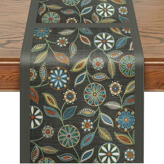 Snycler Table Runner Boho Table Runners Vintage Elegant Farmhouse Table Center Linen Decor for Home Dining Party Entrance (13x72 Inch) Gray&Green