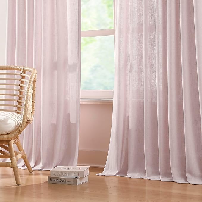 Vision Home Light Pink Pinch Pleated Semi Sheer Curtains Textured Linen Blended Light Filtering Window Curtains 84 inch for Living Room Bedroom Patio Pinch Pleat Drapes with Hooks 1 Panel 60" Wx84 L