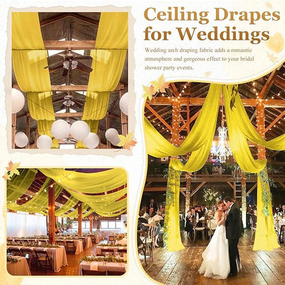 MODFUNS Ceiling Drapes for Parties Gold Ceiling Draping Fabric 5x20ft 4 Panels Sheer Wedding Arch Drapery Chiffon Stage Curtain Tent Ceiling Drape for Reception Banquet Arbor Ceiling Decoration