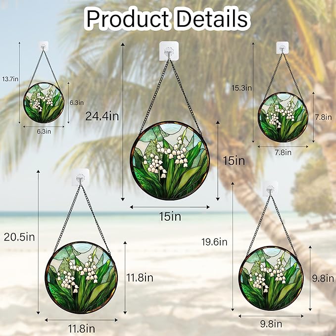 Stained Glass Window Hanging - White Green Lily of The Valley Suncatcher for Doors Garden Terrace Plant Sun Catchers Decor Mother's Day Birthday Flowers Gifts for Women Men Mom 7.8 in