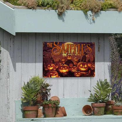 Personalized Halloween Metal Sign with Family's Name or Text Custom Pumpkin Wall Decor Signs Fade Resistance for Indoor Outdoor Spooky Gifts for Friends Family