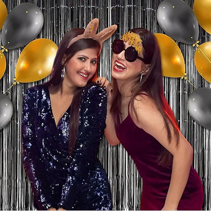 BRAVESHINE Black Halloweens Party Foil Fringe Curtains - 2 Pack Metallic Tinsel Photo Booth Streamers Backdrop for Birthdays, Stranger Theme, Music, Prom, Christmas Party Decorations