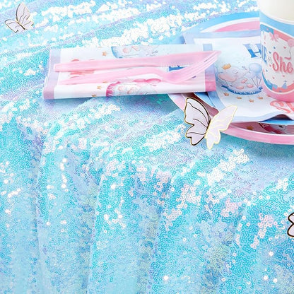 QueenDream Sequin Iridescent Tablecloth 60x102 Inches Blue Sequin Table Overlay Mermaid Parties Cocktail Decor