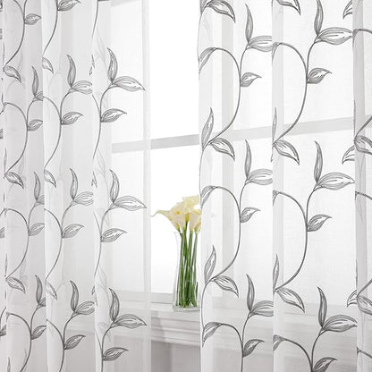 VISIONTEX Sheer Curtains 72 Inch Length 2 Panels, Decor Iron Grey Vine Leaves Embroidery on White Voile Pair, Accent Semi Window Drapes for Kitchen, Living Room and Bedroom, 54" W x 72" L