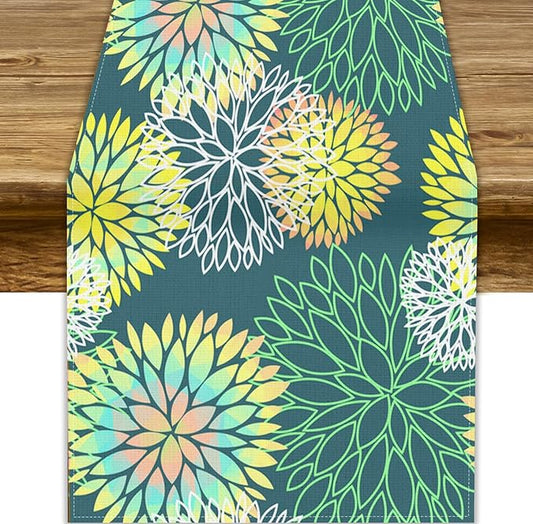 Green Dahlia Flower Table Runner, Linen Geometric Pattern Floral Table Decor Spring Farmhouse Decorations for Kitchen Dining Holiday Party Decor, 13x70 Inch