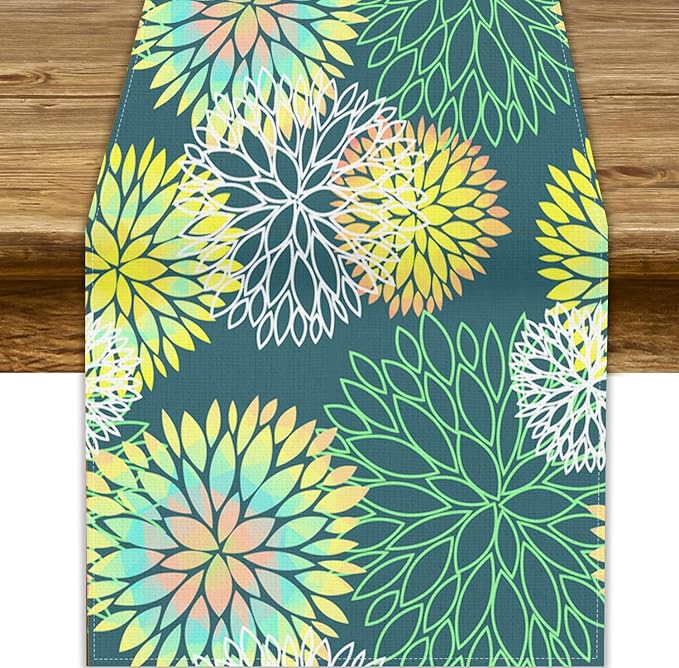 Green Dahlia Flower Table Runner, Linen Geometric Pattern Floral Table Decor Spring Farmhouse Decorations for Kitchen Dining Holiday Party Decor, 13x60 Inch
