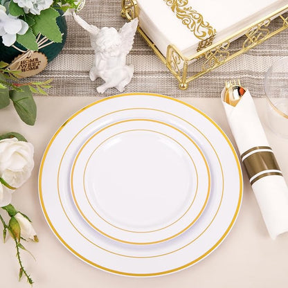 350Piece Gold Dinnerware Set for 50 Guests - Gold Plastic Plates with Disposable Cutlery Include:50Dinner Plates-50Dessert Plates-50Pre Rolled Napkins with Silverware for Thanksgiving