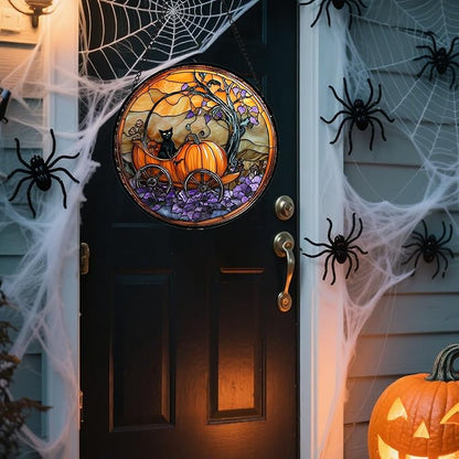 Stained Glass Window Hanging - Halloween Pumpkin Carriage Black Cat Suncatcher for Doors Window Garden Spooky Sun Catchers Gothic Decor Horror Gifts for Women Men Friend Boy Girl 15 in