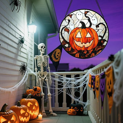 Stained Glass Window Hanging - Halloween Decorations Pumpkin Ghost Suncatcher for Doors Garden Indoor Spooky Funny Orange Sun Catchers Gothic Decor Horror Gifts for Women Men Friend 7.8 in