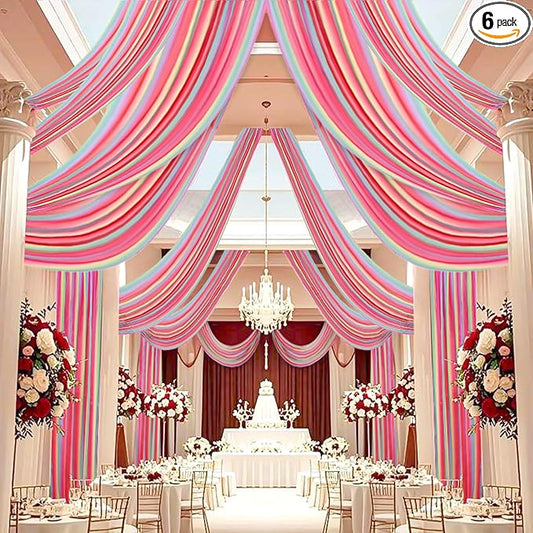 DUOBAO Rainbow Chiffon Wedding Ceiling 10FT Length Photo Background Curtain Decorations with Rod Pocket for Banquet Room Weddings Ceremony Graduation Prom, W 5' x L 10'-6 Panels Bright Rainbow