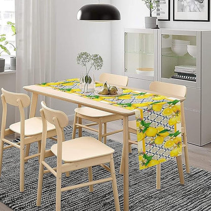 Lemon Table Runner,Spring Summer Seasonal Yellow Blue Table Runner for Kitchen Dining Table Home Party Decoration 13x108 Inch