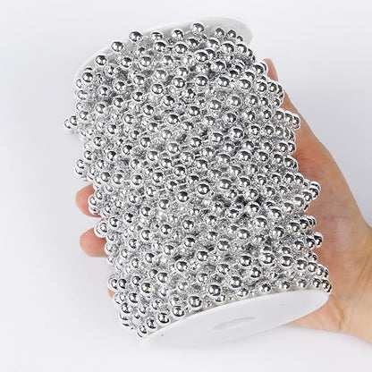 [66 Feet] Silver Pearl Beads Garland, 8MM 22 Yards Silver Faux Pearl Beads String Roll Bulk for DIY Craft Christmas Tree Wedding Party Decoration