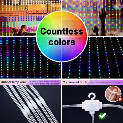 HXWEIYE 300LED Fairy Curtain Lights, 9.8x9.8Ft USB Plug-in 8 Modes Christmas String Hanging Lights with Remote for Bedroom Backdrop Wedding Party Indoor Wall Decor, RGB Custom Color Changing