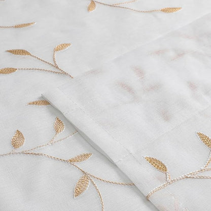 VISIONTEX White Sheer Voile Curtains, Decorative Orange Leaves Embroidery Faux Linen Rod Pocket Window Drapes for Home Kitchen, Living Room and Bedroom 54 x 63 Inch, Set of 2 Curtain Panels