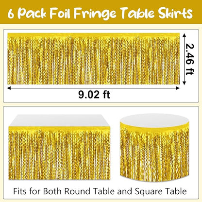 6 Pack 29 x108 Inch Gold Wave Foil Fringe Table Skirts Metallic Banner for Tinsel Streamer Garland Backdrop for Parade Floats, Mother's Day, Easter, Wedding, Birthday Party Decoration