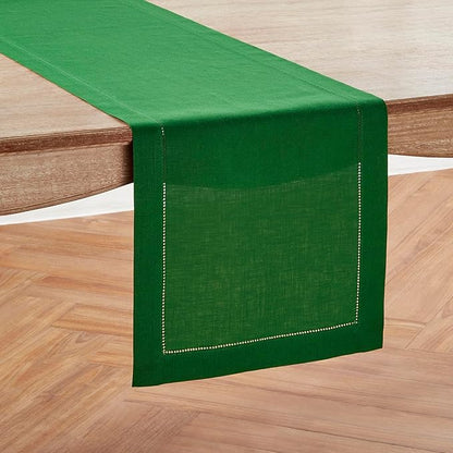 Solino Home Linen Table Runner 36 Inches - 100% Pure Linen Garden Green Hemstitch Table Runner 14 x 36 Inch Ideal for Dresser and Coffee Tables - Classic Hemstitch - Christmas