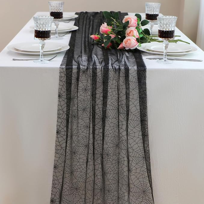 Snowkingdom Halloween Table Runner, 10 FT Black Spider Web Runners Metallic Sequin Sheer Chiffon Gauze Cheesecloth, Black Party Decorations for Halloween Kitchen Dinner Table Birthday Home Indoor