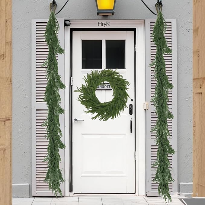 9FT Artificial Norfolk Pine Garlands for Christmas Decorations,Real Touch Winter Faux Greenery Garlands for Mantel Table Stair Fireplace Wall Holiday Indoor Outdoor Decor(2 Pack)