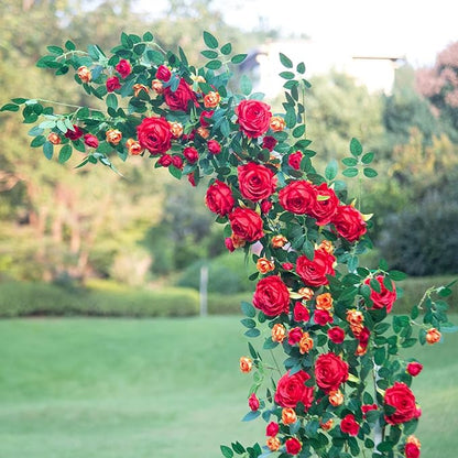 6FT Pink Flower Garland Artificial Rose Vines Hanging Floral Garland for Home Decor Wall Trellis Fence Wall Decoration (Red 2pcs)