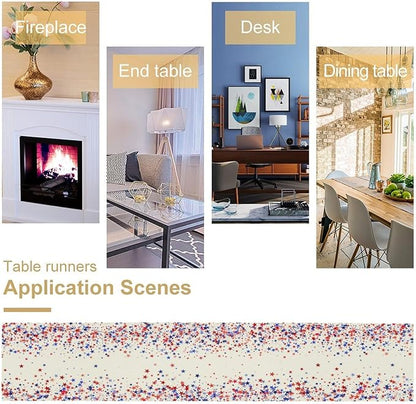 Independence Day Table Runner, 4th of July Red Blue Stars American President Day Holiday Confetti Print Table Cover for Kitchen Dining Table Indoor Outdoor Party, 13x36inch