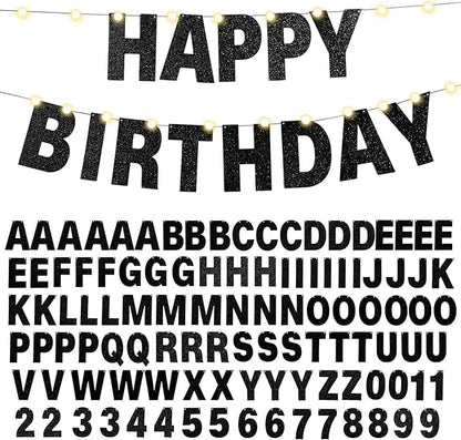 TaoBary 112 Pcs DIY Letter Kit Glitter Customizable Banner Letters Include 107 Letters and Numbers 3 Rope and 2 Needles for Birthday Halloween Christmas Wedding Valentine Party Decor(Black)