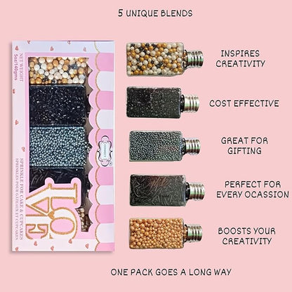 Confect Masquerade Sprinkles Mix – Champagne Gold & Black Pearl Dragees, Black Jimmies & Sparkling Sugar | Edible Sprinkles for Cakes, Cupcakes & Desserts | Vegan, Gluten-Free, Nut-Free, Soy-Free, Dairy-Free, Palm Oil-Free- 5 Oz