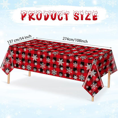 8 Pieces Red and Black Buffalo Plaid Merry Christmas Party Tablecloth Decorations,Plastic White Snowflake Buffalo Plaid Sign Table Cover for Winter Christmas Holiday Party Supplies,54x108 inch