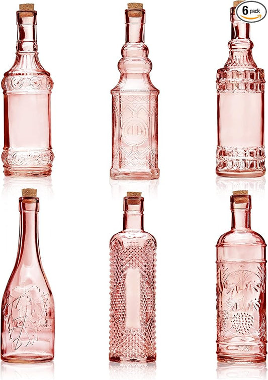 Assorted Reddish Glass Bottles with Corks, 6 Pack, 2.5in X 9in, 16oz