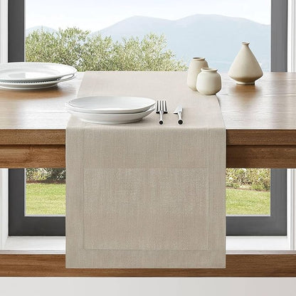 ZeeMart Linen Textured Border Table Runner, 14 x 108 Inch Natural, Farmhouse Style Neutral Table Runners 108 Inches Long, Easy Care Everyday Polyester Table Runner