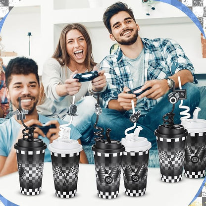 Yungyan 24 Sets Checkered Flag Party Favors Goodie Cups with Lids and Straws for Birthday Decorations Reusable 16oz Plastic Candy Cups Plastic Straws for Birthday Party (Checkered Flag)