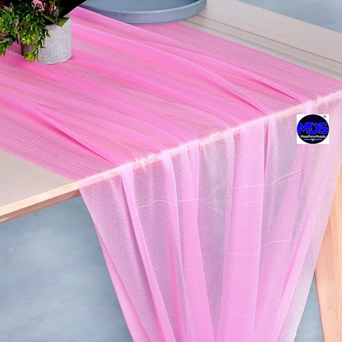 MDS 25 Pack 10ft Chiffon Table Runner 29 x 120 Inches Sheer Wedding Runner Romantic Rustic Table Runner for Wedding Decorations, Birthday Parties, Bridal Shower Party Arch Decor - Bubblegum Pink