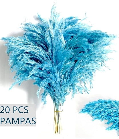 Blue Pampas Grass for Home Decor - Elegant Boho Decor - Premium Quality Pampas Grass Stems - Perfect for House, Nursery, Western, Wedding, Table, and Bohemian Decor (20PCS)