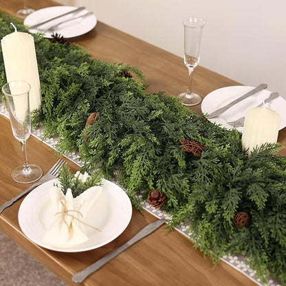 9FT Real Touch Cedar Garland - Artificial Christmas Garland Fake Green Faux Thick and Lush Pine Needles Garlands for Table Fireplace Mantle Holiday Home Indoor Outdoor Decor (2PCS)