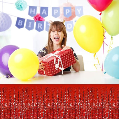 6Pack 29 x108 Inch Red Wave Foil Fringe Table Skirts Metallic Banner for Tinsel Streamer Garland Backdrop for Parade Floats, Mother's Day, Easter, Graduate, Birthday, Wedding Party Decoration