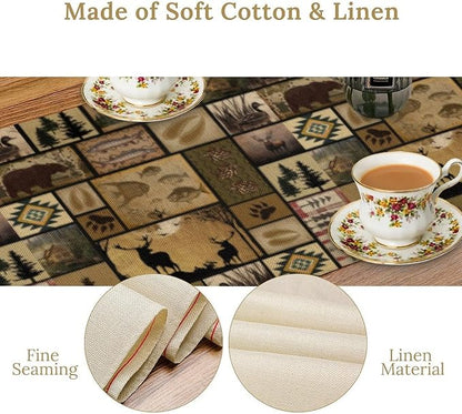 Vintage Deer Bear Table Runner, Fish Retro Farmhouse Cabin Lake Country Lodge Table Runner for Home Dinner Kitchen Living Room, 13x70 Inch
