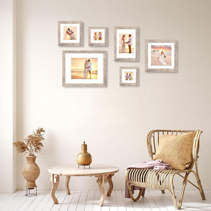 8x8 Picture Frames Set of 4 with High Definition Real Glass, Smoke Gray Frame Display 6x6 Pictures with Mat or 8 x 8 Without Mat, Wood Square Photo Frame for Wall Mount and Tabletop Display