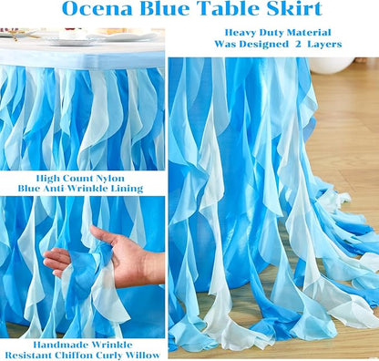 PARTISKY Ocean Blue Tulle Tutu Ruffle Curly Willow Table Skirt for Rectangle Table 6ft,Under The Sea Baby Shark Themed Table Cloth for Boys Girls Birthday Party or Baby Shower