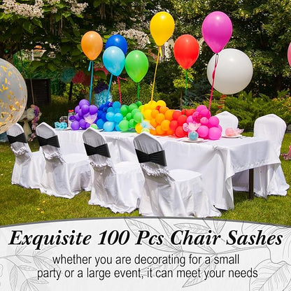 Moukeren 100 Pcs Spandex Chair Sashes Bows Bands Slider Sashes for Chair Covers Elastic Bands Ties Ribbon Decorations for Wedding Party Events Ceremony Birthday Banquet(Black)